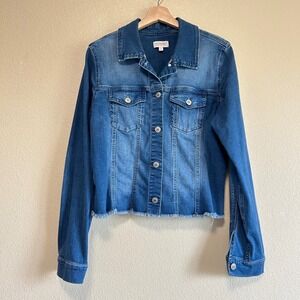 Shyanne Size XL Denim Trucker Jacket Blue Stretch Boho Western Raw Hem Cottage